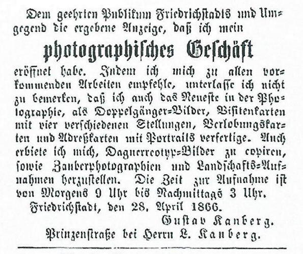 Annonce Ateliererffnung - 1866 klein