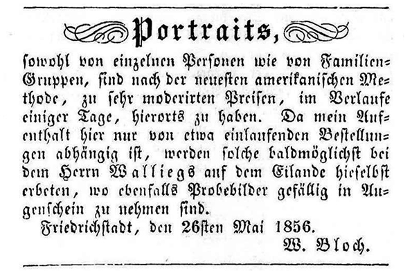 Rendsburg Bloch - Annonce - Friedrichstdter Intelligenzblatt 1856 - klein