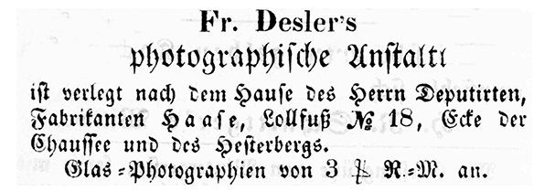 Schleswig - Desler - Intelligenzblatt-Annonce 1861 klein